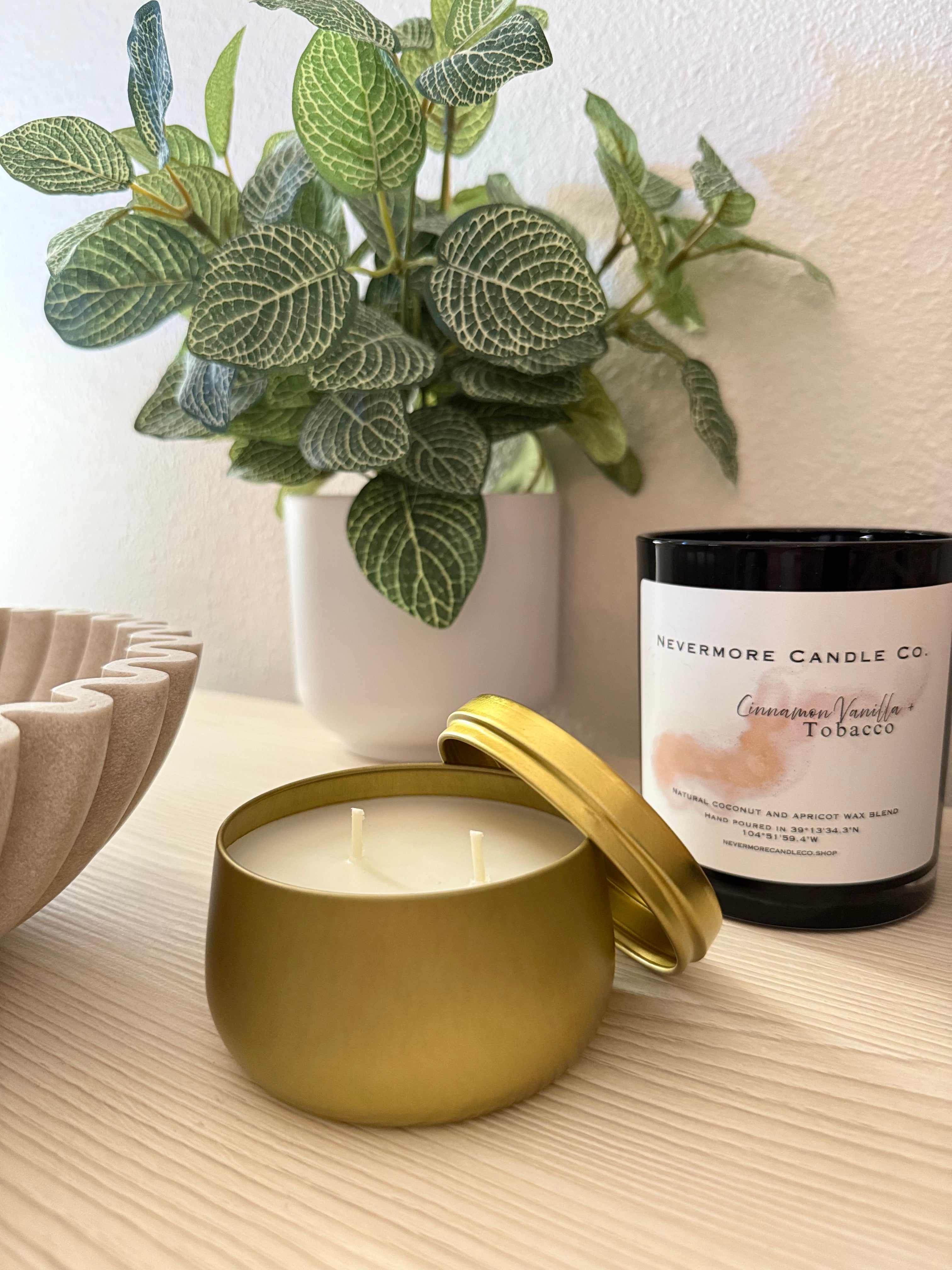 Cinnamon vanilla & Tobacco 7oz tin candle double wick